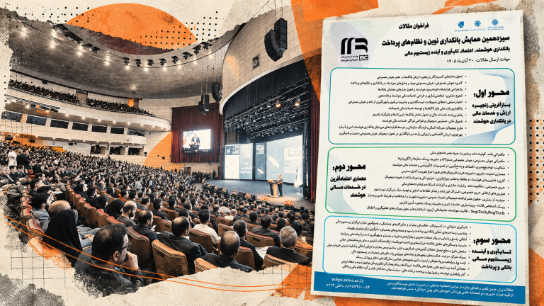 کلاژ تحریریه‌ای از سالن همایش و پوستر فراخوان مقالات سیزدهمین همایش بانکداری نوین و نظام‌های پرداخت