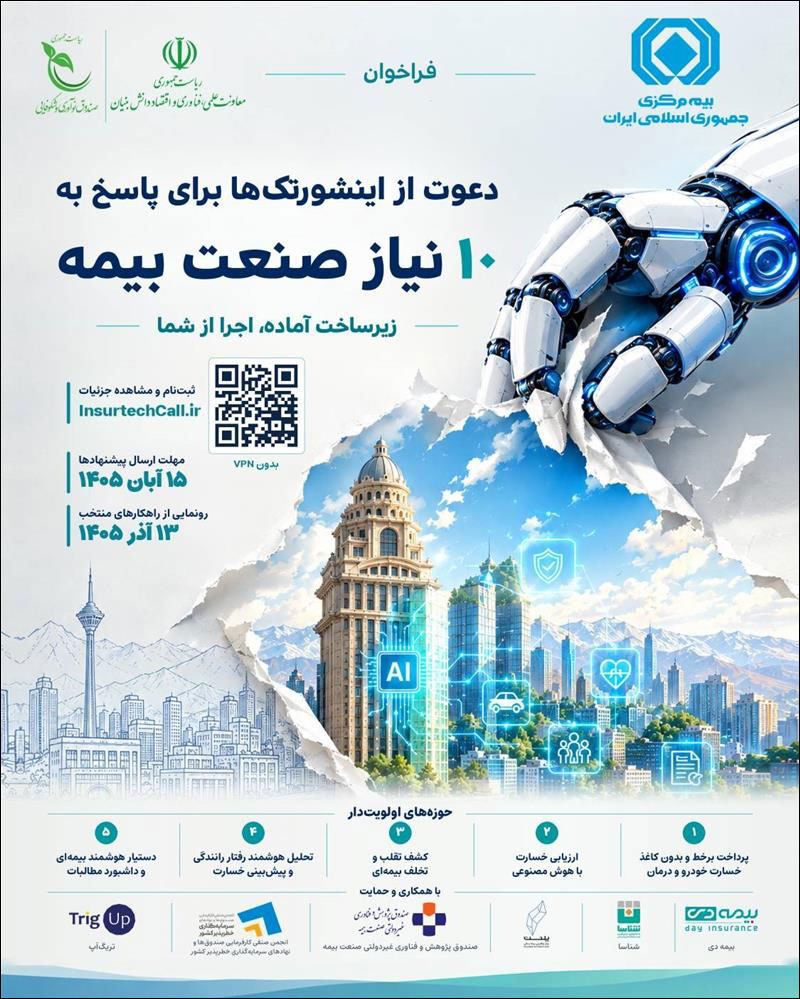 تصویر گرافیکی فراخوان اینشورتکها برای پاسخ به ۱۰ نیاز صنعت بیمه با نمایش دست رباتیک، نمای شهری، نمادهای هوش مصنوعی و فناوریهای نوین بیمهای