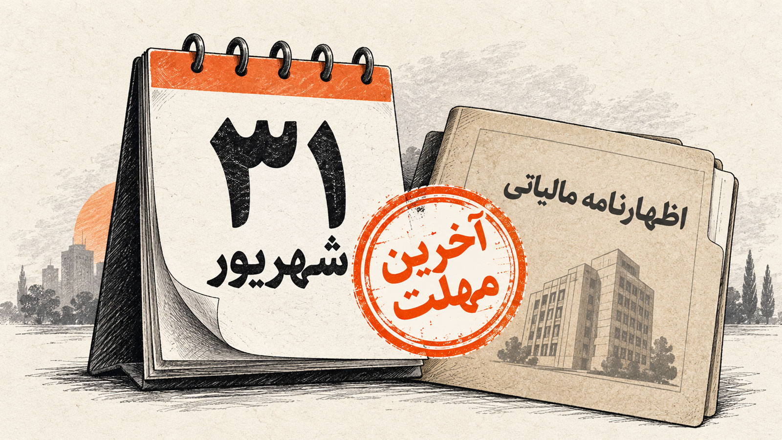 تصویرسازی تقویم ۳۱ شهریور و پرونده اظهارنامه مالیاتی با مهر آخرین مهلت