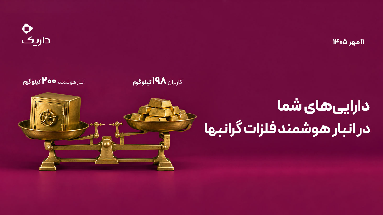 ترازوی داریک با نمایش ۱۹۸ کیلوگرم طلای کاربران و ۲۰۰ کیلوگرم طلای فیزیکی موجود در انبار هوشمند
