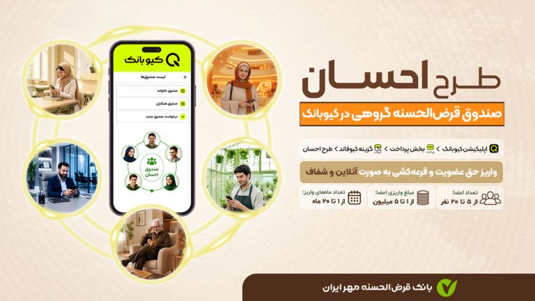 تصویر طرح احسان بانک قرض‌الحسنه مهر ایران با نمایش کیوبانک و اعضای صندوق گروهی