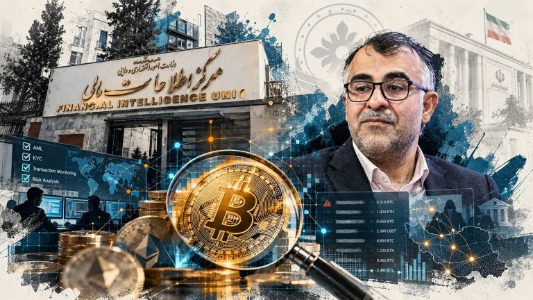 تصویرسازی ادیتوریال از نظارت مرکز اطلاعات مالی بر بازار رمزارز ایران با حضور ساختمان مرکز، رئیس مرکز و نماد بیت‌کوین