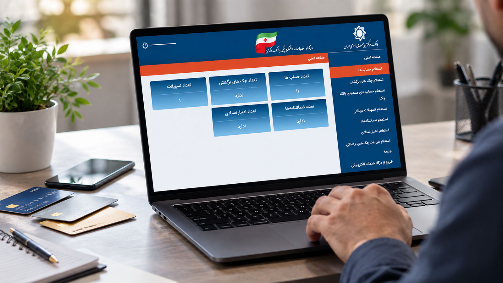 کاربر در حال مدیریت و استعلام حساب‌های بانکی از طریق سامانه حسام بانک مرکزی