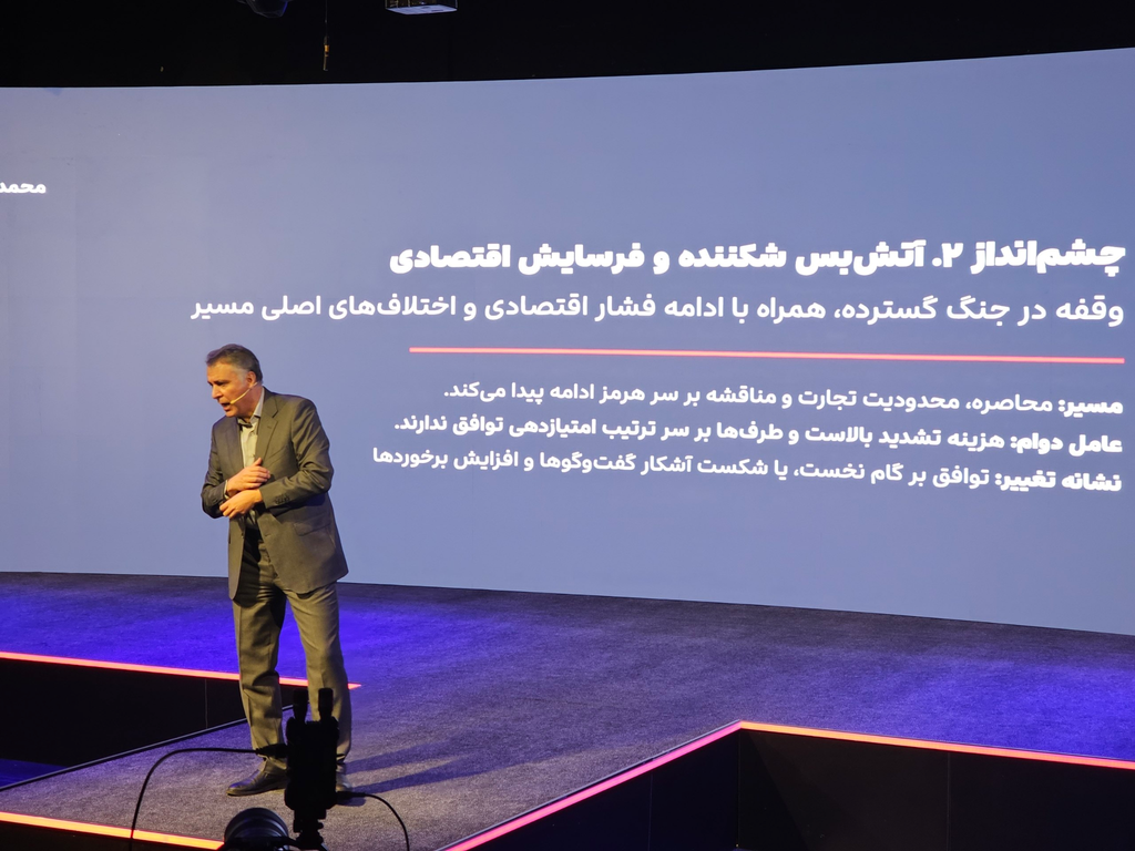 محمد فاضلی در حال سخنرانی درباره نقش بازارگاهها در دسترسی به اطلاعات و هماهنگی لجستیک هنگام بحران