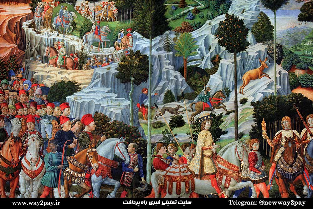 اثری از گوتزولی که به افتخار خاندان مدیچی کشیده شده است و بعضی از اعضای آن را نشان می‌دهد. ۱۴۵۱-۱۴۶۱ فلورانس، کاخ خاندان مدیچی.
