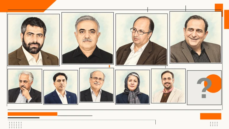 ترکیب گرافیکی ۹ پرتره از مدیران دوره‌های مختلف نصر تهران و کشور در گرید نارنجی و سفید، همراه با علامت سؤال خاکستری در خانه پایانی