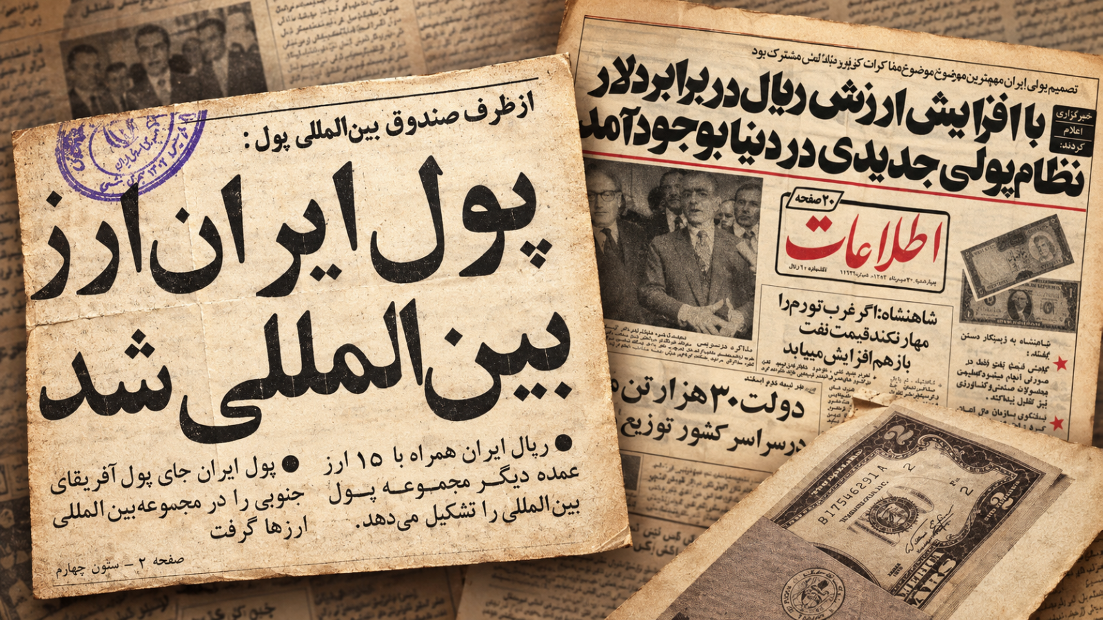کلاژ بازسازی‌شده از تیترهای تاریخی روزنامه‌های ایران درباره ارزش ریال در برابر دلار و بین‌المللی‌شدن پول ایران، همراه با تصویر اسکناس