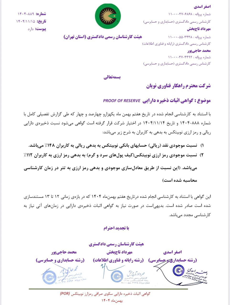 گواهی ذخایر رمزارز نوبیتکس