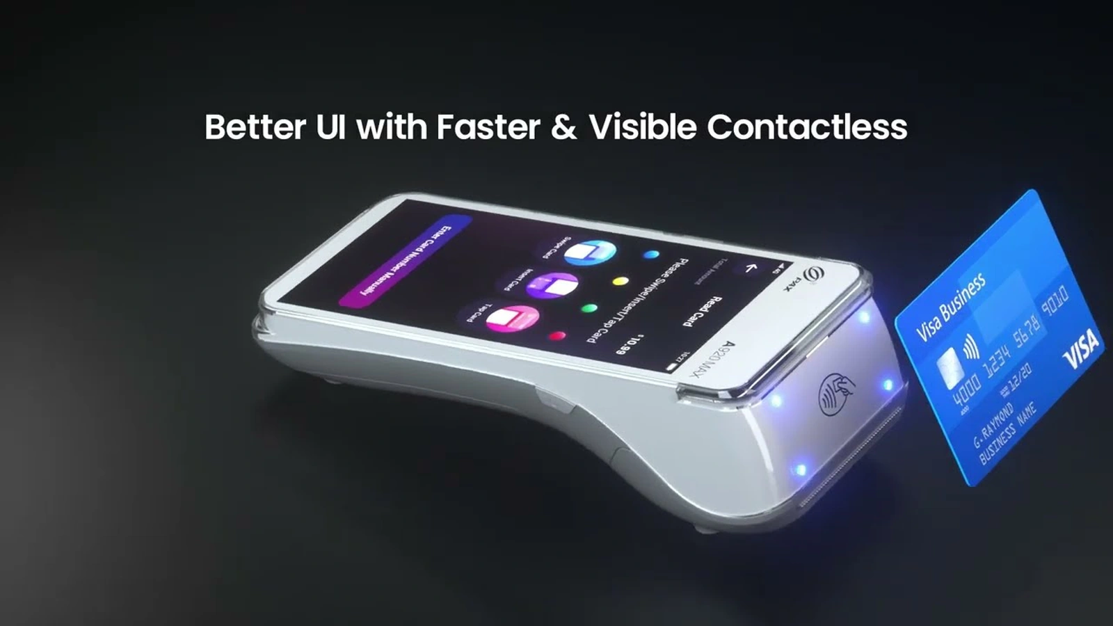 دستگاه کارتخوان هوشمند PAX A920 MAX سفیدرنگ در کنار کارت بانکی ویزا با قابلیت پرداخت بدون تماس