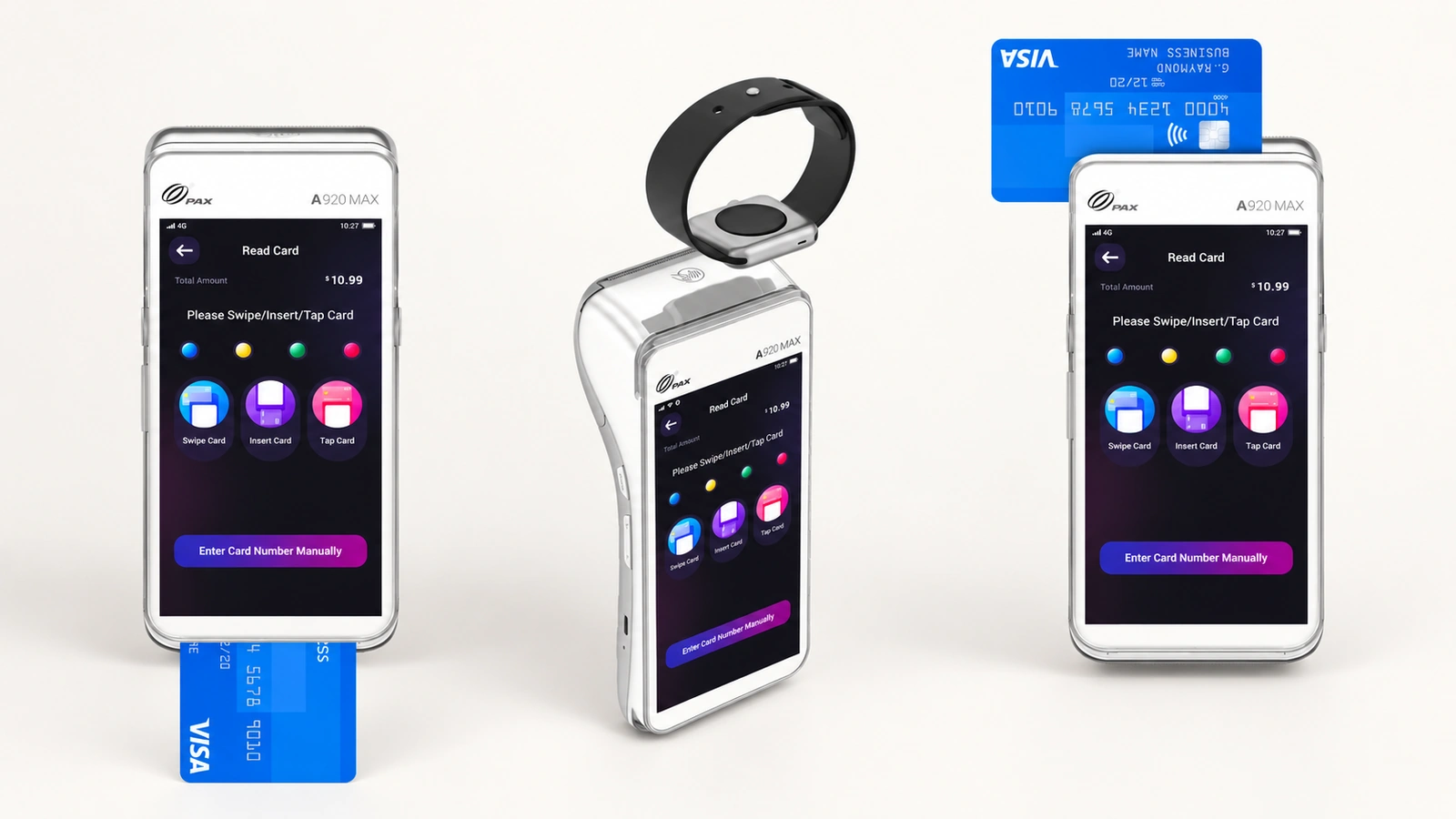 سه نمای دستگاه کارتخوان PAX A920 MAX با نمایش روشهای پرداخت کشیدن کارت، کارت تراشهدار و پرداخت بدون تماس