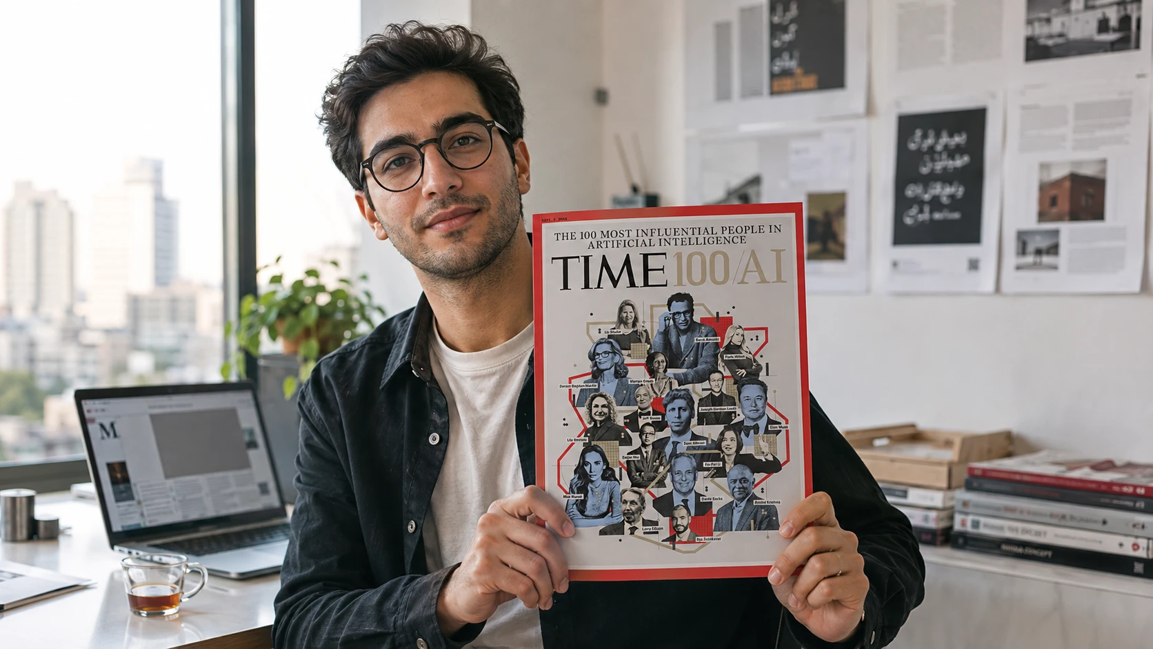 جوان ایرانی در حال نمایش مجله TIME100 AI 2026 با فهرست ۱۰۰ چهره اثرگذار هوش مصنوعی