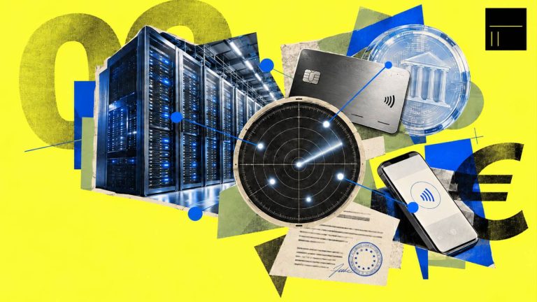 تصویرسازی از زیرساخت بانکی و استیبل‌کوین در کنار دیتاسنترهای هوش مصنوعی