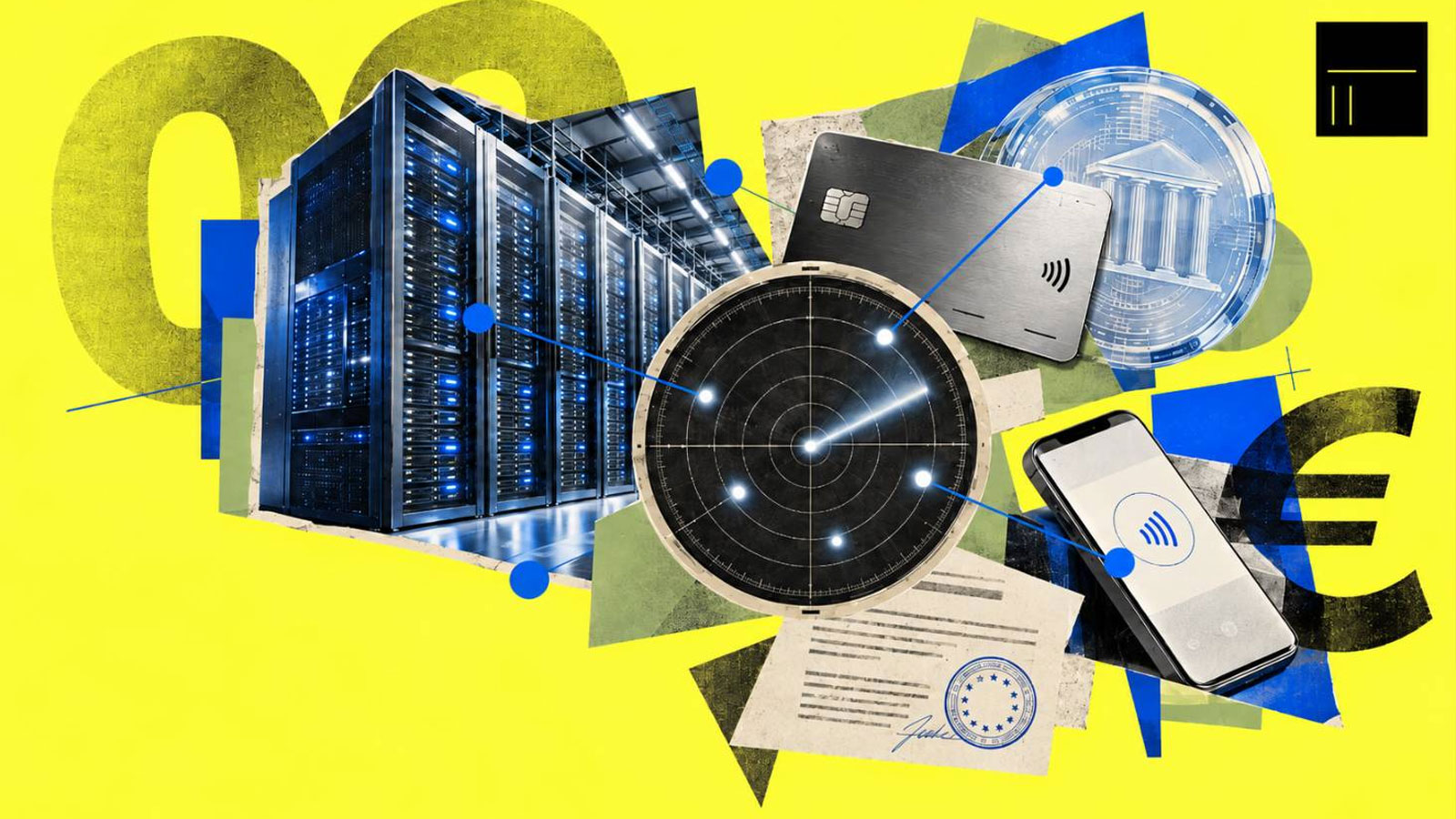 تصویرسازی از زیرساخت بانکی و استیبل‌کوین در کنار دیتاسنترهای هوش مصنوعی